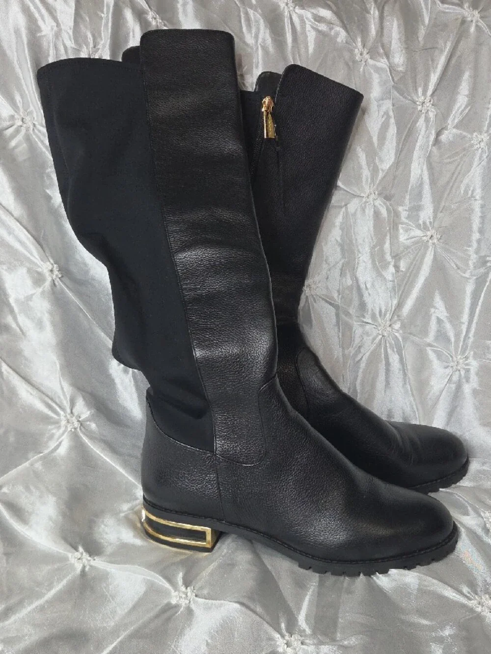 Michael Kors Black Over-the-Knee Leather Boots with Gold Heel Accent